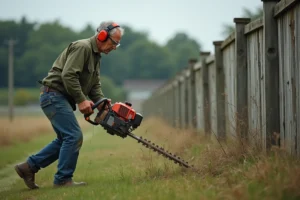 Homme utilisant une débroussailleuse thermique pour couper des herbes sauvages en bordure de clôture dans un jardin rural